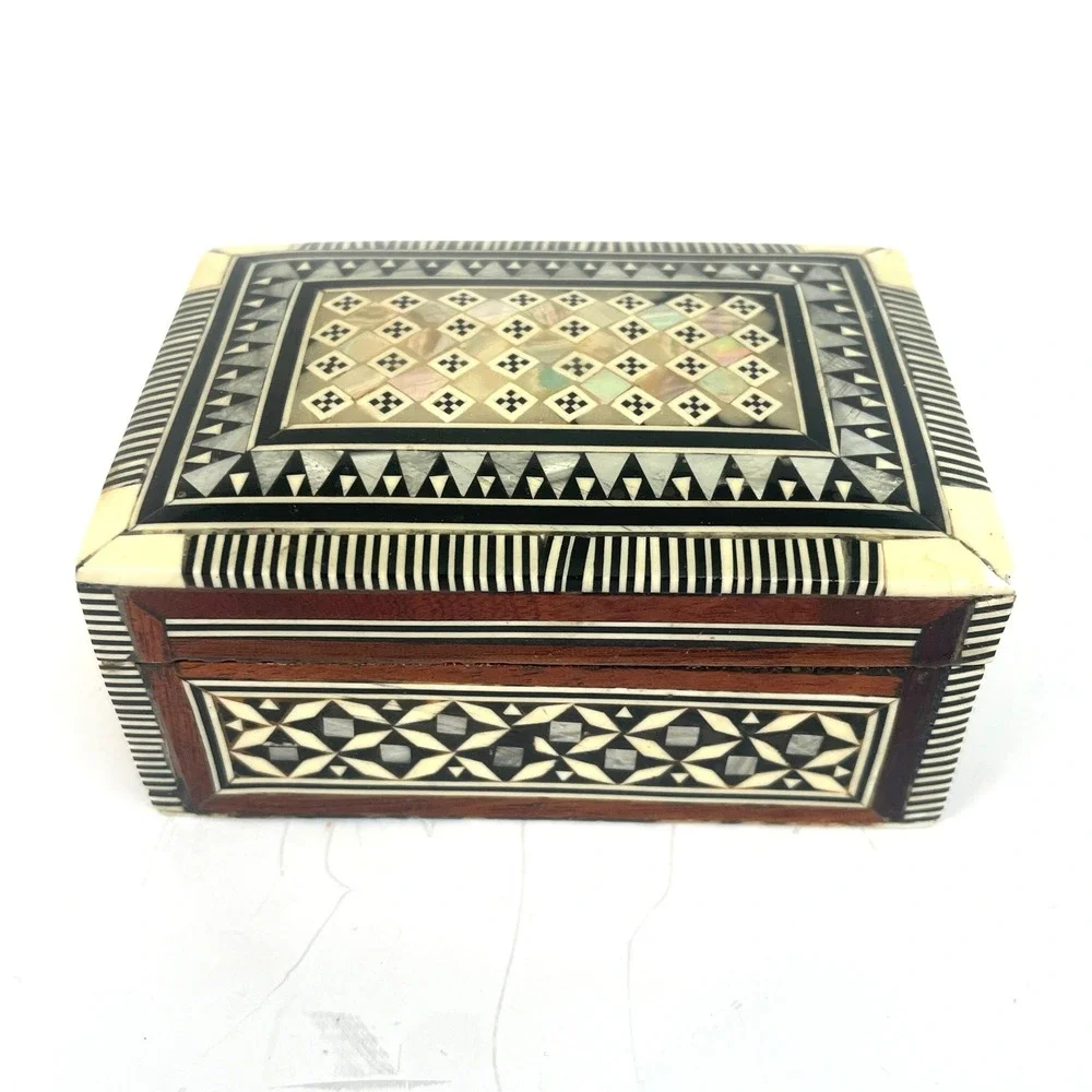 Vintage Turkish Mother of Pearl Inlay Wood Jewelry Box Marquetry Trinket Case